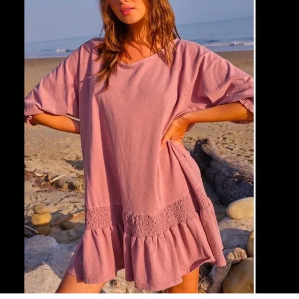FREE PEOPLE BEACH "Jenny" Beach Boho Oversized Smock Open Back Dusty Pink Mini M